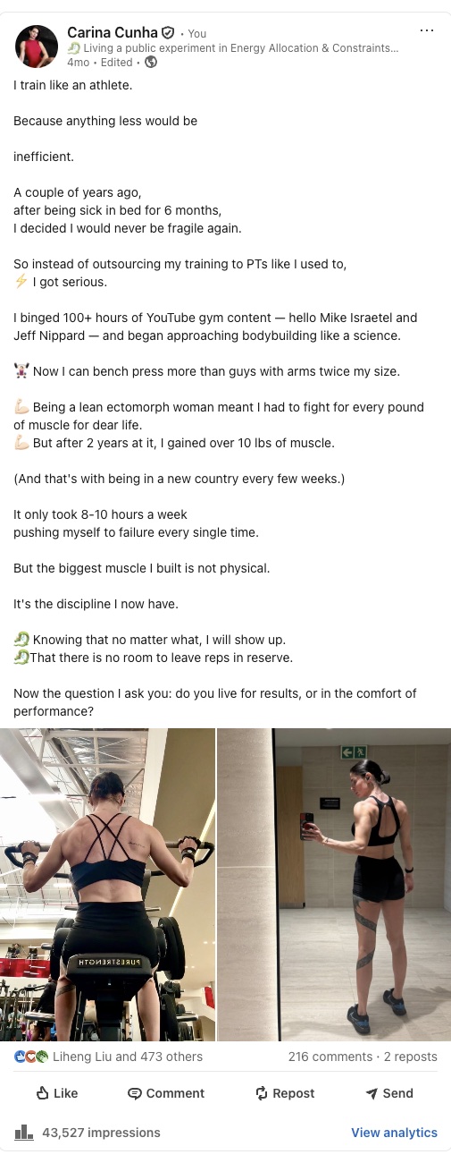 My LinkedIn post: I train like an athlete.