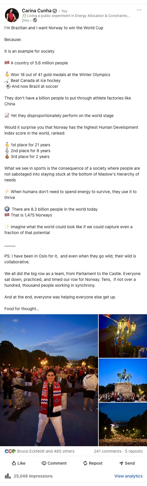 My LinkedIn post: I'm Brazilian and I want Norway to win the World Cup