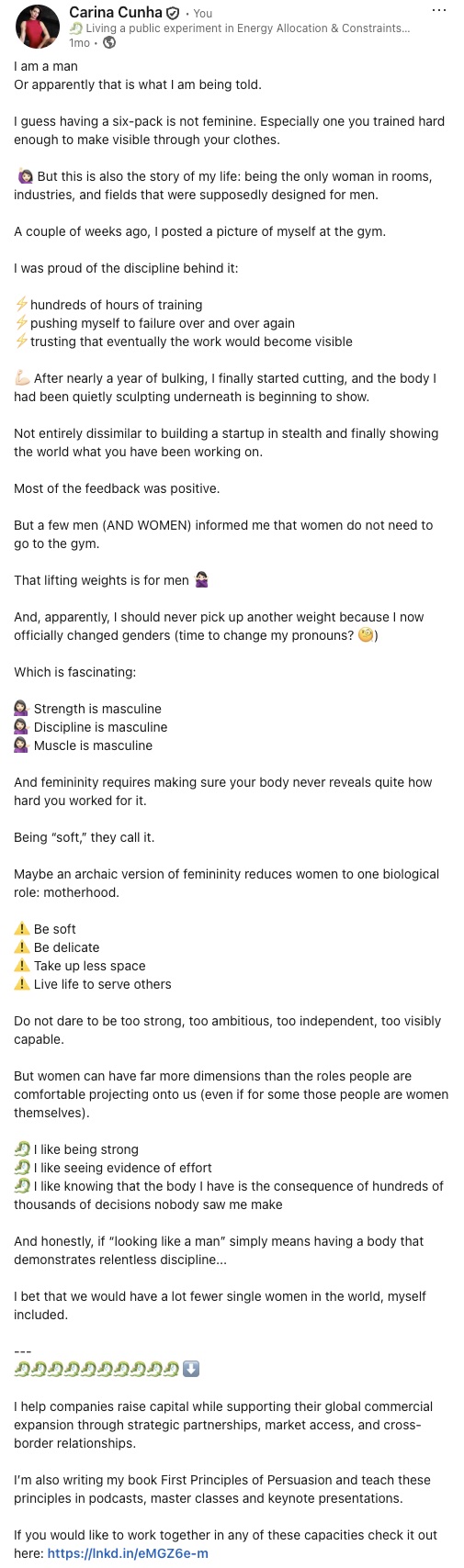 My LinkedIn post: lam a man Or apparently that is what I am being told.