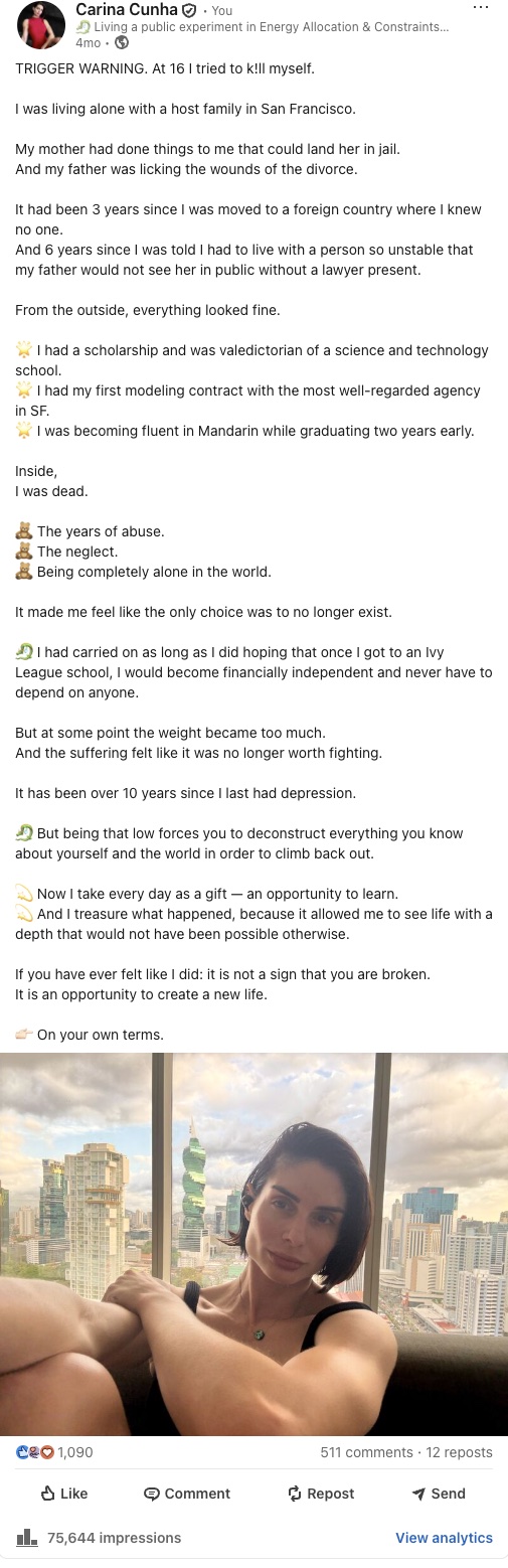 My LinkedIn post: TRIGGER WARNING. At 16 I tried to k!ll myself.
