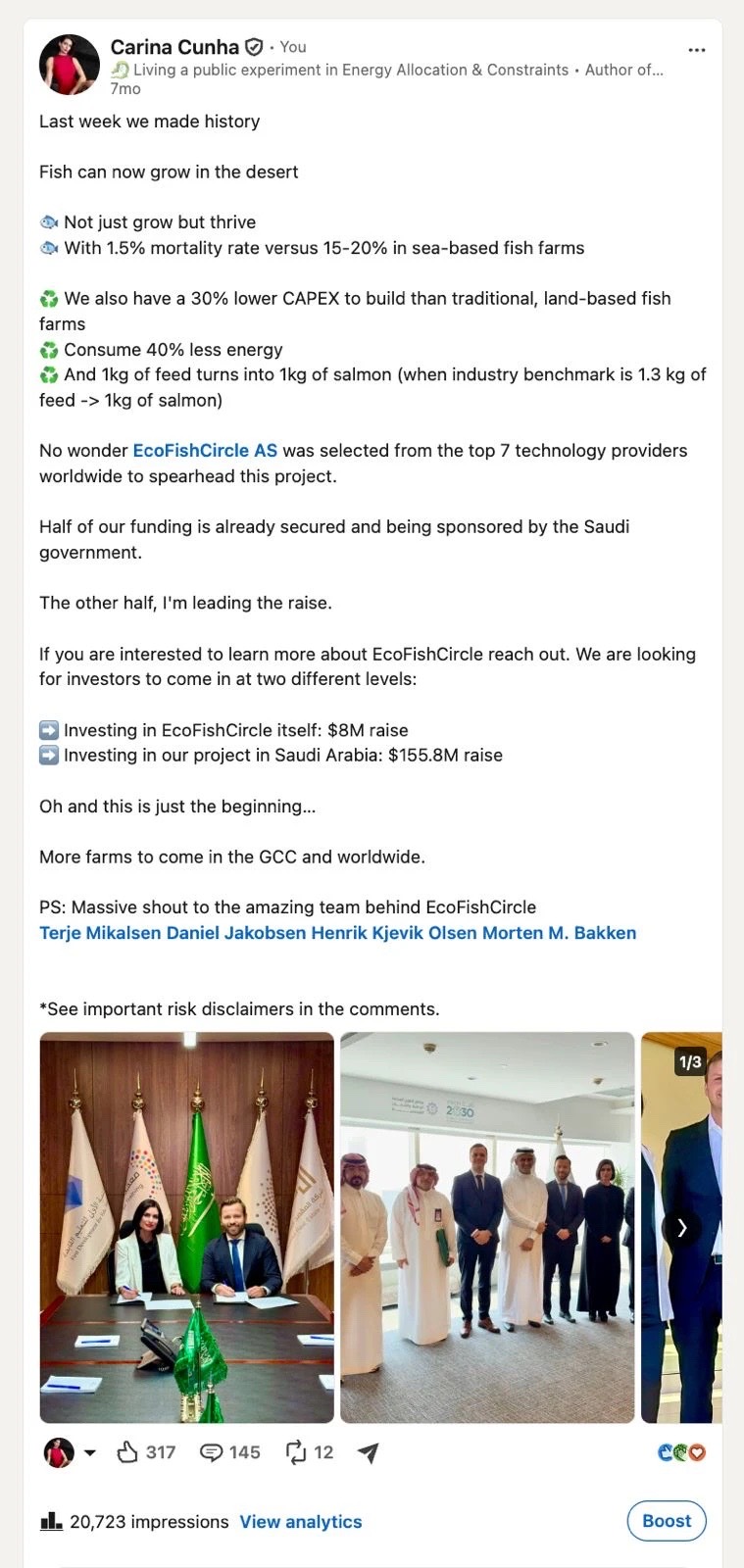 My LinkedIn post announcing EcoFishCircle's project in Saudi Arabia