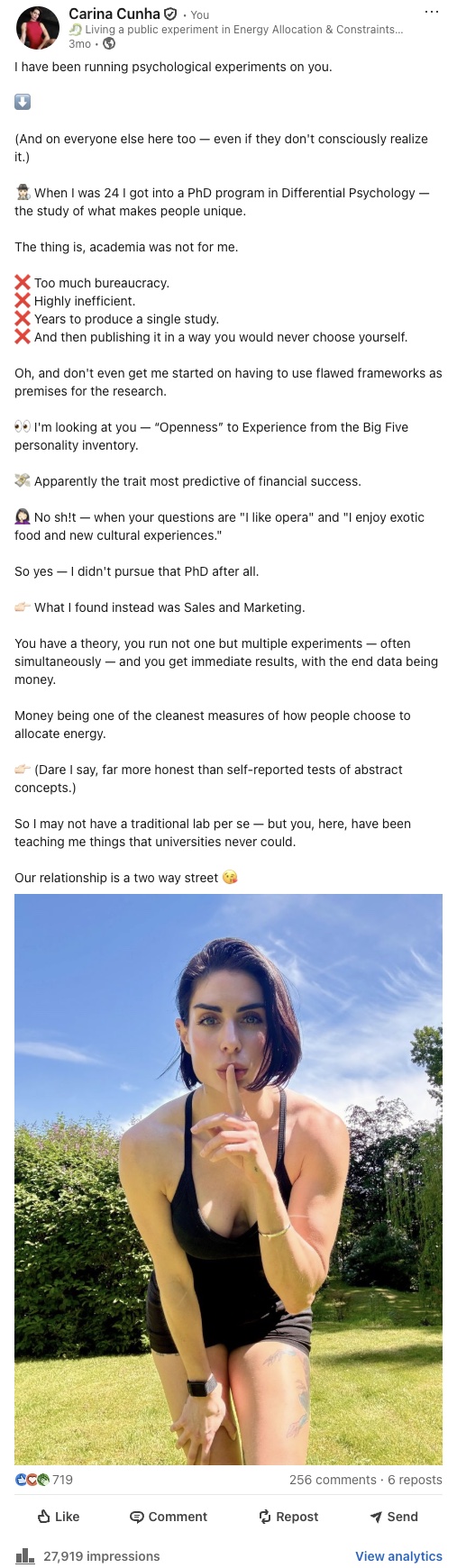 My LinkedIn post: I have been running psychological experiments on you