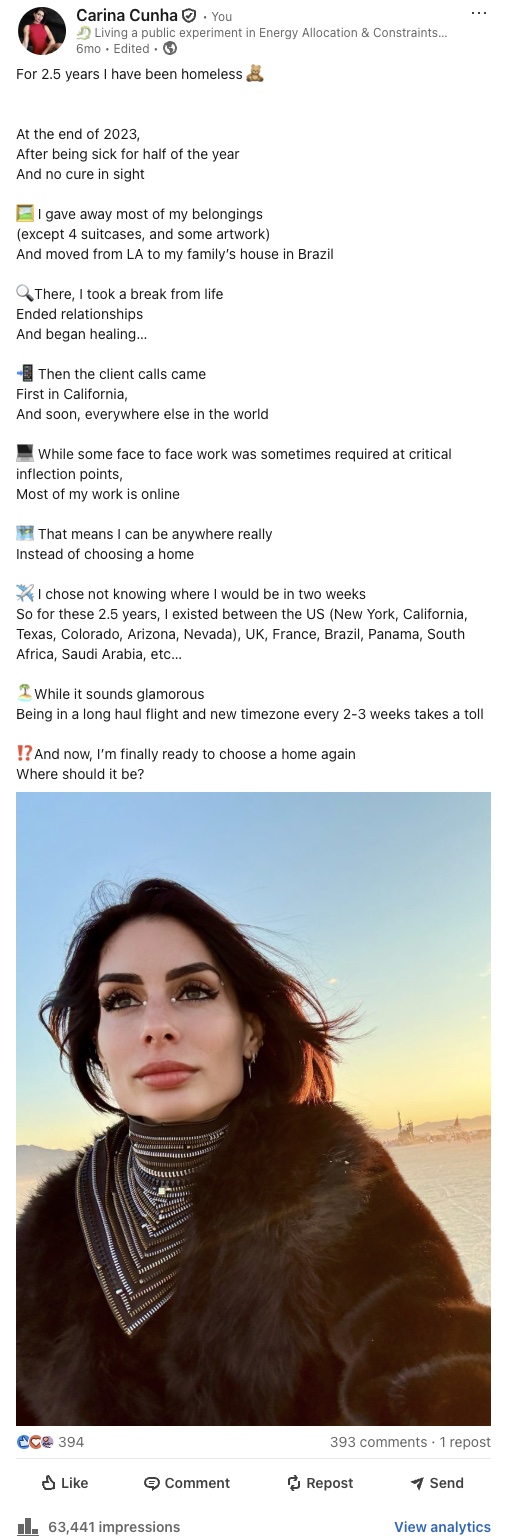 My LinkedIn post: For 2.5 years I have been homeless