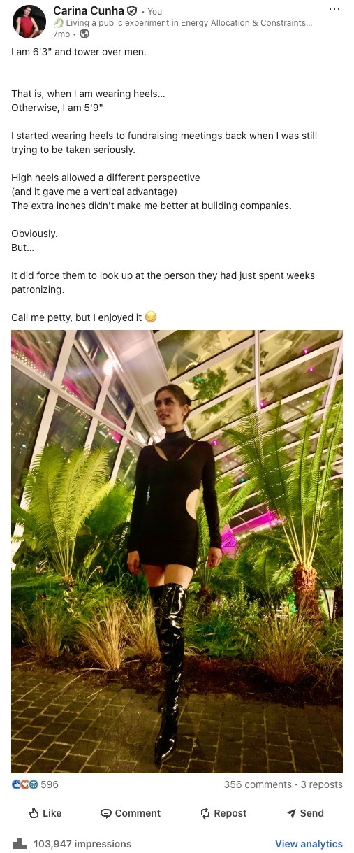 My LinkedIn post: I am 6'3" and tower over men